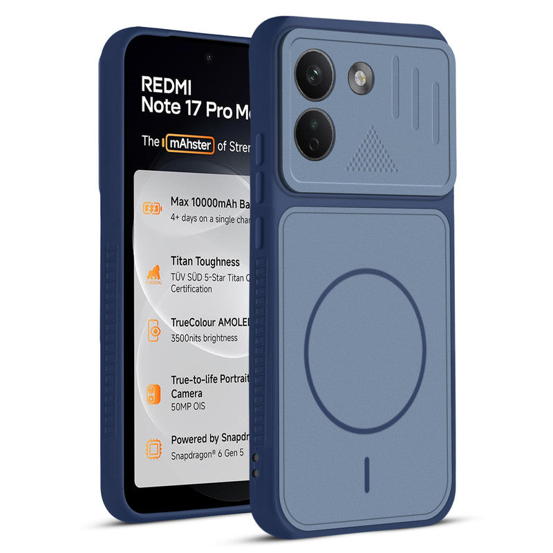 Front and back view of Blue protective back cover for Redmi Note 17 Pro Max 5G with textured sides, camera guard and slim fit design.