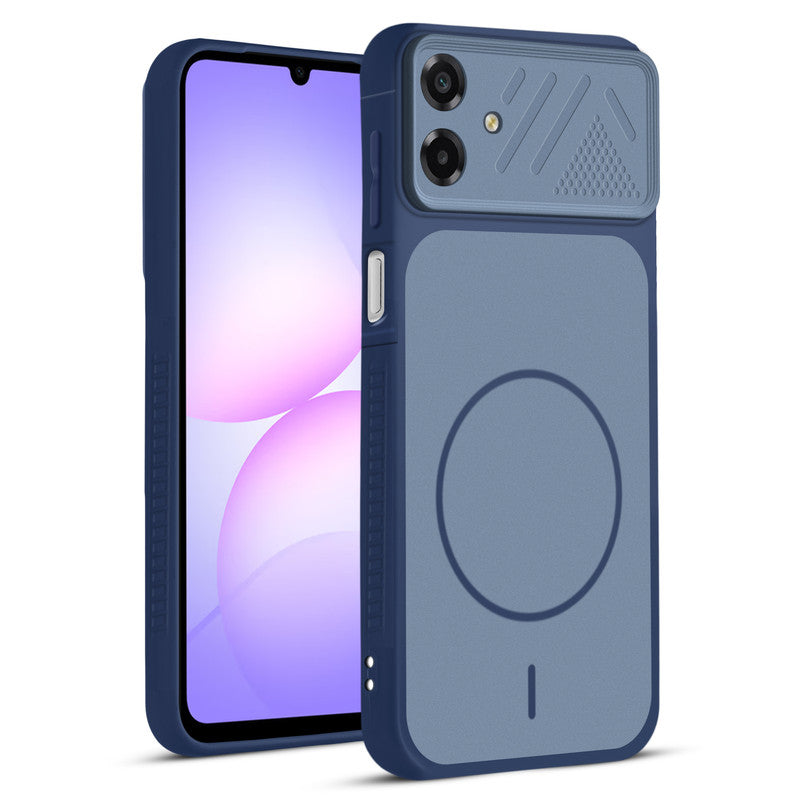 Front and back view of Blue protective back cover for Samsung A07 5G with textured sides, camera guard and slim fit design.