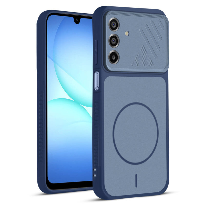 Front and back view of Blue protective back cover for Samsung A17 5G with textured sides, camera guard and slim fit design.