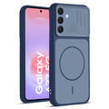 Front and back view of Blue protective back cover for Samsung A37 5G with textured sides, camera guard and slim fit design.