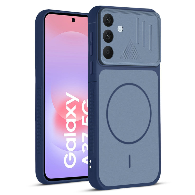 Front and back view of Blue protective back cover for Samsung A37 5G with textured sides, camera guard and slim fit design.