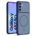 Front and back view of Blue protective back cover for Samsung A57 5G with textured sides, camera guard and slim fit design.