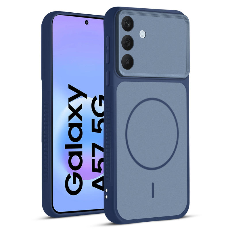 Front and back view of Blue protective back cover for Samsung A57 5G with textured sides, camera guard and slim fit design.