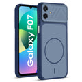 Front and back view of Blue protective back cover for Samsung F07 with textured sides, camera guard and slim fit design.