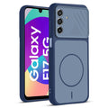 Front and back view of Blue protective back cover for Samsung F17 5G  with textured sides, camera guard and slim fit design.