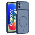 Front and back view of Blue protective back cover for Samsung F70e 5G with textured sides, camera guard and slim fit design.