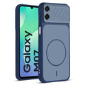 Front and back view of Blue protective back cover for Samsung M07 with textured sides, camera guard and slim fit design.