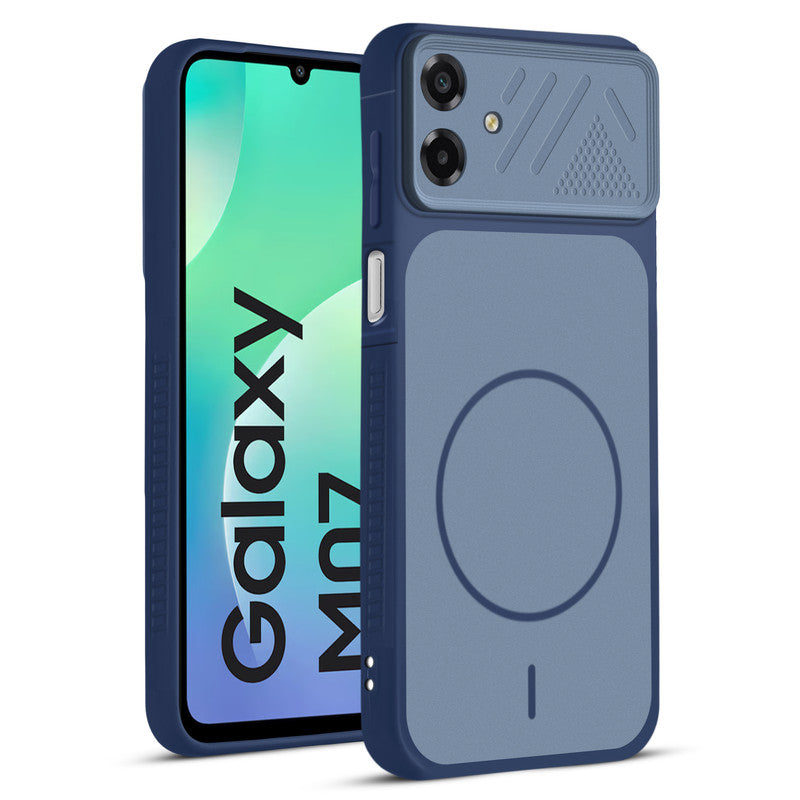 Front and back view of Blue protective back cover for Samsung M07 with textured sides, camera guard and slim fit design.