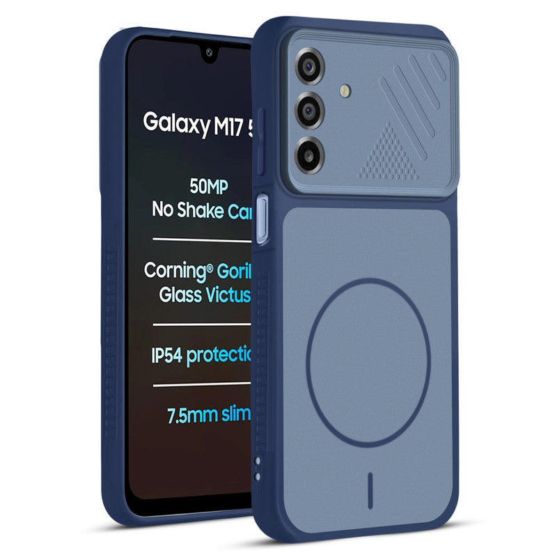 Front and back view of Blue protective back cover forSamsung M17 5G with textured sides, camera guard and slim fit design.