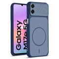 Front and back view of Blue protective back cover for Samsung M17e 5G with textured sides, camera guard and slim fit design.