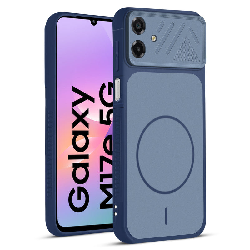 Front and back view of Blue protective back cover for Samsung M17e 5G with textured sides, camera guard and slim fit design.