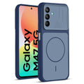 Front and back view of Blue protective back cover for Samsung M47 5G with textured sides, camera guard and slim fit design.