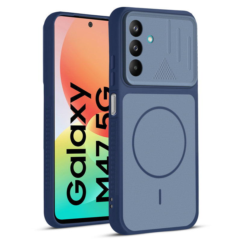 Front and back view of Blue protective back cover for Samsung M47 5G with textured sides, camera guard and slim fit design.