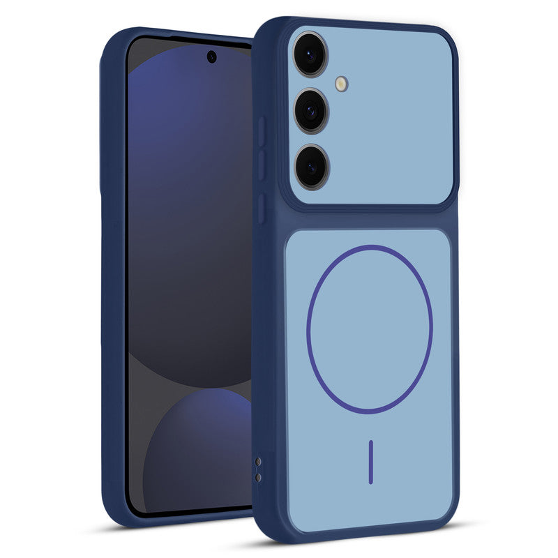 Front and back view of Blue protective back cover for Samsung S24 FE 5G with textured sides, camera guard and slim fit design.