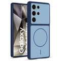 Front and back view of Blue protective back cover for Samsung S24 Ultra 5G with textured sides, camera guard and slim fit design.