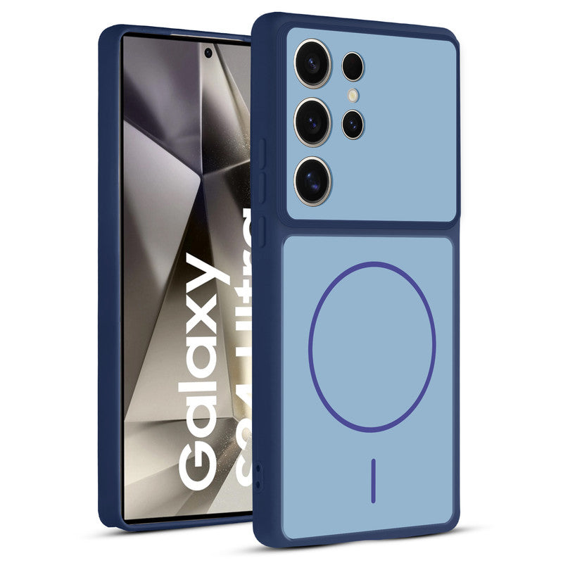 Front and back view of Blue protective back cover for Samsung S24 Ultra 5G with textured sides, camera guard and slim fit design.