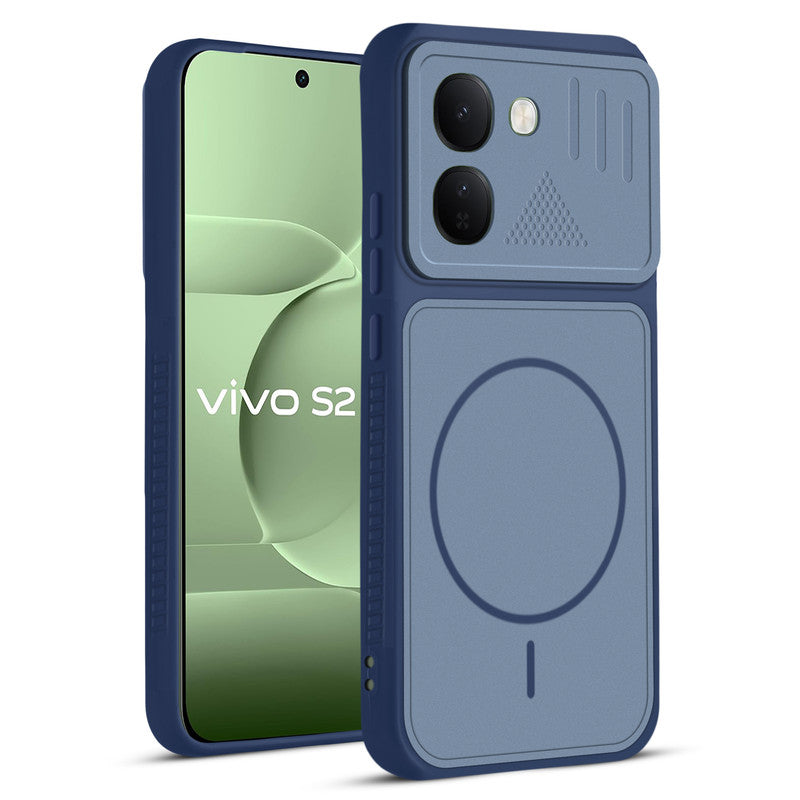 Front and back view of Blue protective back cover for Vivo S2 FE 5G with textured sides, camera guard and slim fit design.