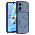Front and back view of Blue protective back cover for Vivo T2x 5G with textured sides, camera guard and slim fit design.