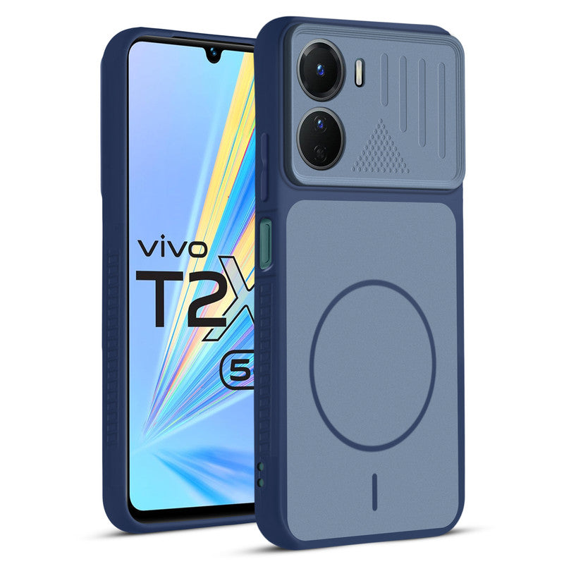 Front and back view of Blue protective back cover for Vivo T2x 5G with textured sides, camera guard and slim fit design.