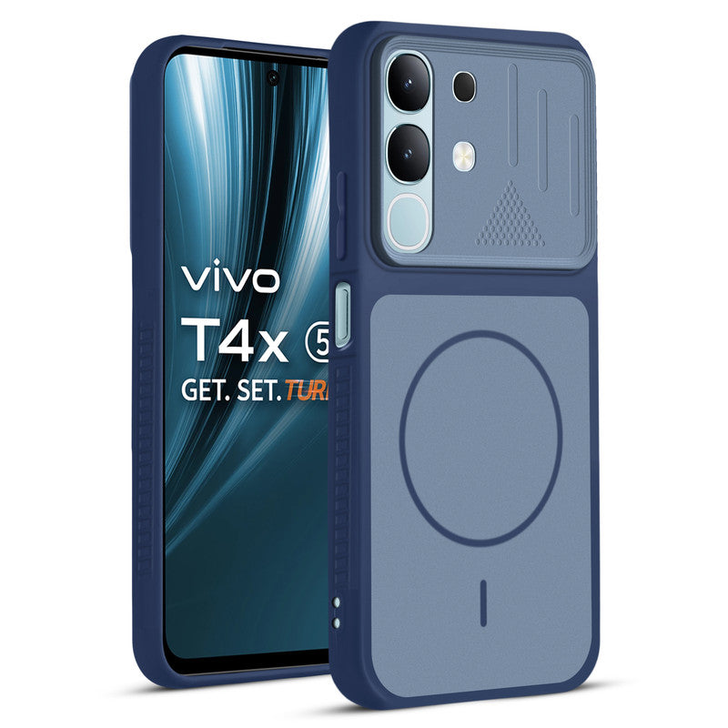 Front and back view of Blue protective back cover for Vivo T4x 5G with textured sides, camera guard and slim fit design.