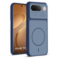 Front and back view of Blue protective back cover for Vivo T5 5G with textured sides, camera guard and slim fit design.