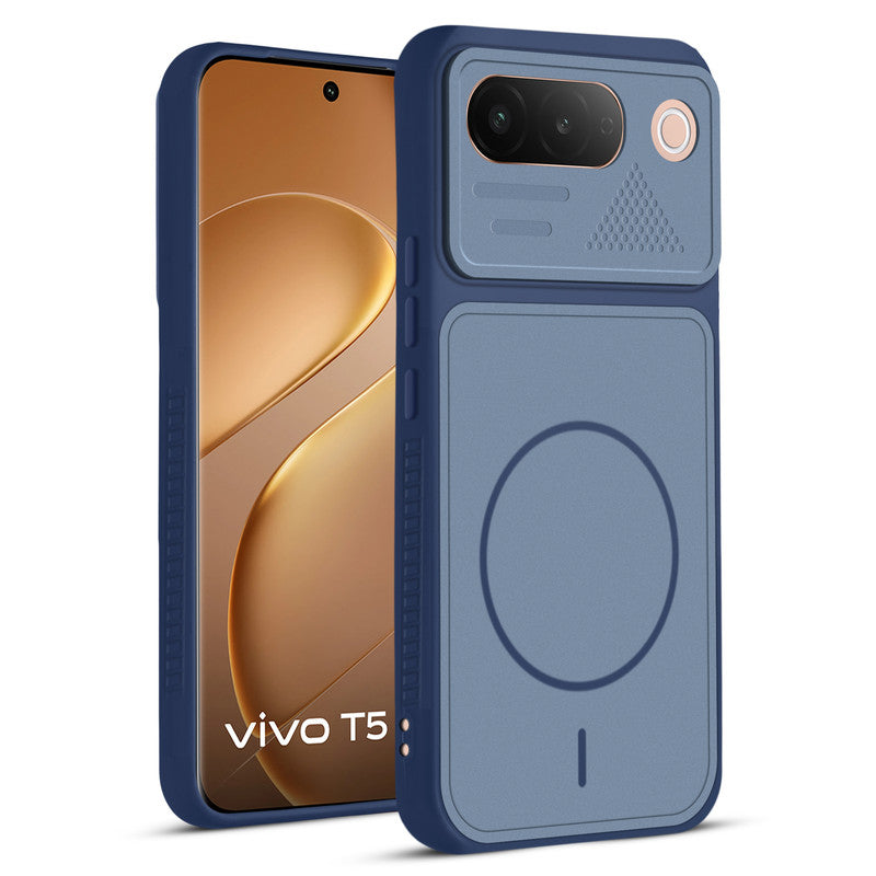 Front and back view of Blue protective back cover for Vivo T5 5G with textured sides, camera guard and slim fit design.