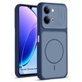 Front and back view of Blue protective back cover for Vivo T5 Lite 5G with textured sides, camera guard and slim fit design.
