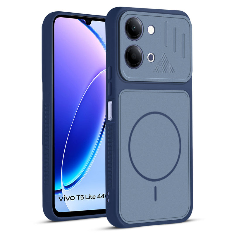 Front and back view of Blue protective back cover for Vivo T5 Lite 5G with textured sides, camera guard and slim fit design.
