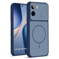 Front and back view of Blue protective back cover for Vivo T5 Pro 5G with textured sides, camera guard and slim fit design.