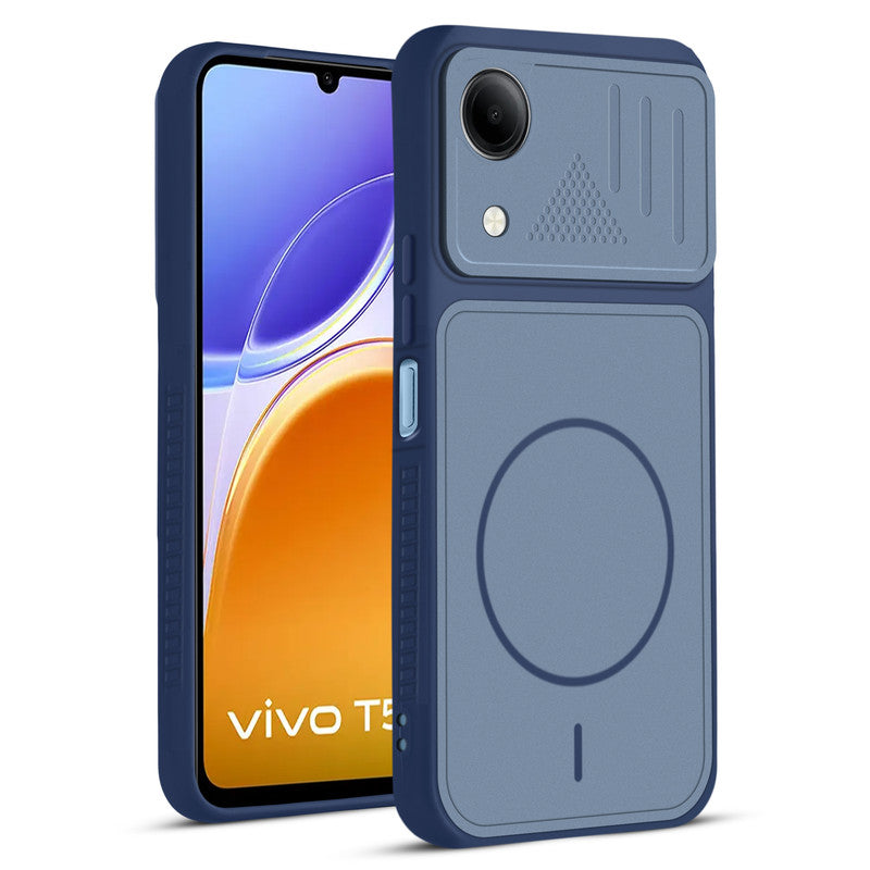 Front and back view of Blue protective back cover for Vivo T5e 5G with textured sides, camera guard and slim fit design.