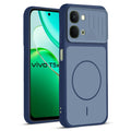 Front and back view of Blue protective back cover for Vivo T5x 5G with textured sides, camera guard and slim fit design.