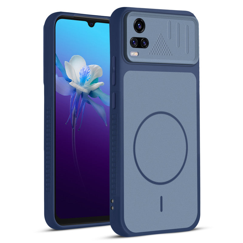 Front and back view of Blue protective back cover for Vivo V20 with textured sides, camera guard and slim fit design.