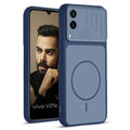 Front and back view of Blue protective back cover for Vivo V21e 5G with textured sides, camera guard and slim fit design.