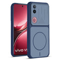 Front and back view of Blue protective back cover for Vivo V50 5G with textured sides, camera guard and slim fit design.
