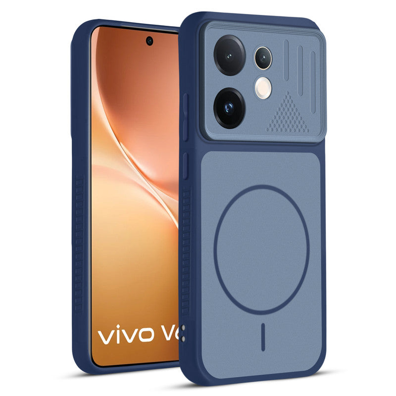 Front and back view of Blue protective back cover for Vivo V60 5G with textured sides, camera guard and slim fit design.