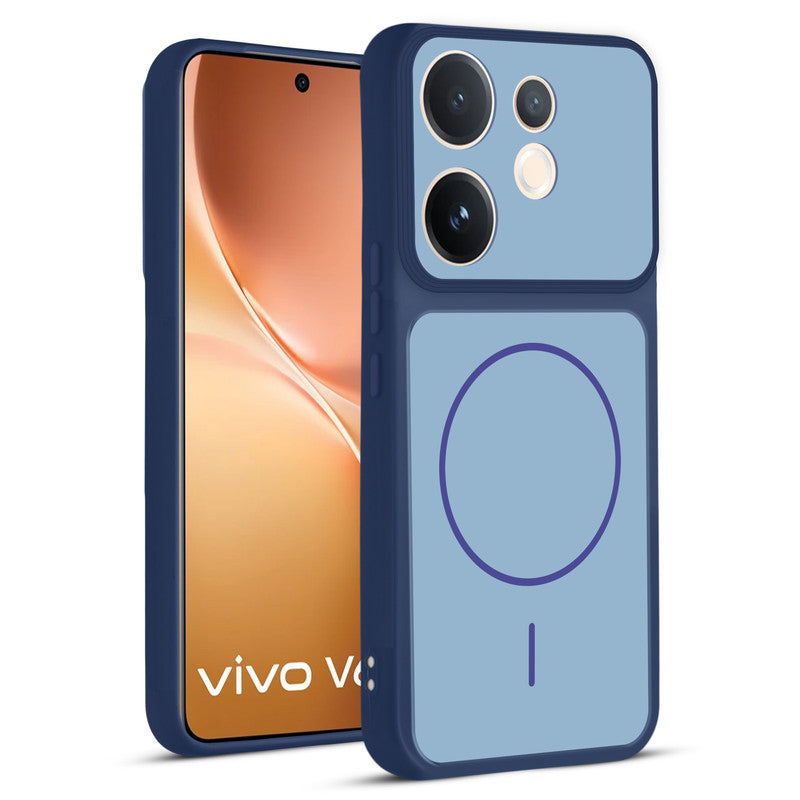 Front and back view of Blue protective back cover for Vivo V60 5G with textured sides, camera guard and slim fit design.
