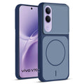 Front and back view of Blue protective back cover for Vivo V70 FE 5G with textured sides, camera guard and slim fit design.