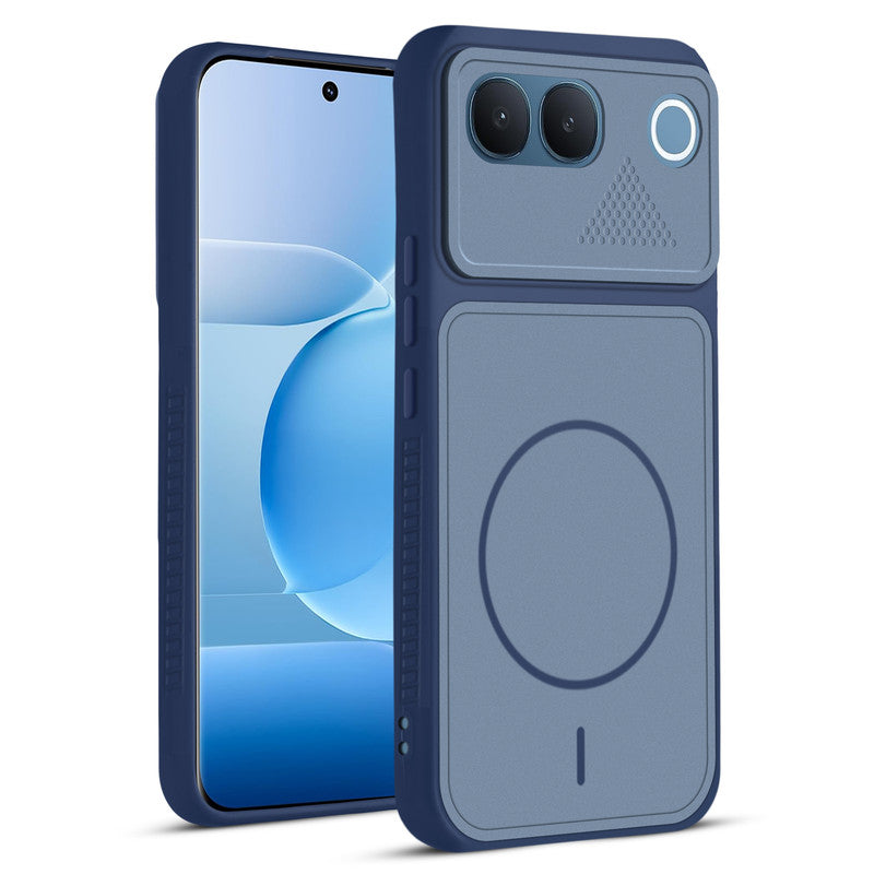 Front and back view of Blue protective back cover for Vivo V80 Lite 5G with textured sides, camera guard and slim fit design.