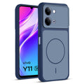 Front and back view of Blue protective back cover for Vivo Y11 5G with textured sides, camera guard and slim fit design.