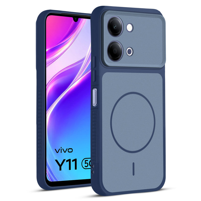 Front and back view of Blue protective back cover for Vivo Y11 5G with textured sides, camera guard and slim fit design.