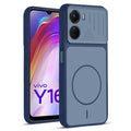 Front and back view of Blue protective back cover for Vivo Y16 with textured sides, camera guard and slim fit design.