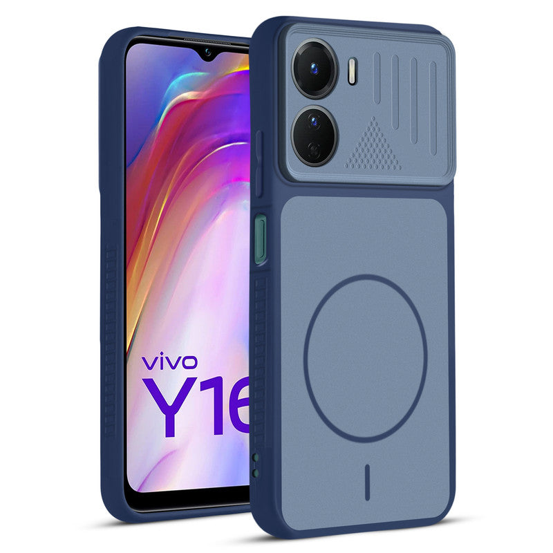 Front and back view of Blue protective back cover for Vivo Y16 with textured sides, camera guard and slim fit design.