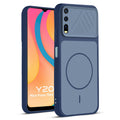 Front and back view of Blue protective back cover for Vivo Y20 with textured sides, camera guard and slim fit design.