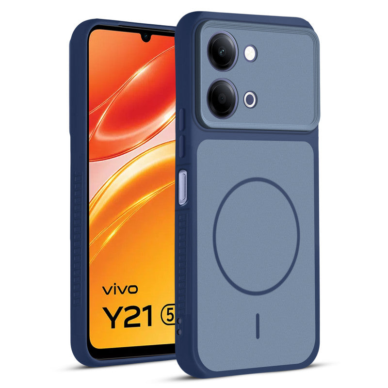 Front and back view of Blue protective back cover for Vivo Y21 5G with textured sides, camera guard and slim fit design.
