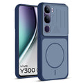 Front and back view of Blue protective back cover for Vivo Y300 5G with textured sides, camera guard and slim fit design.