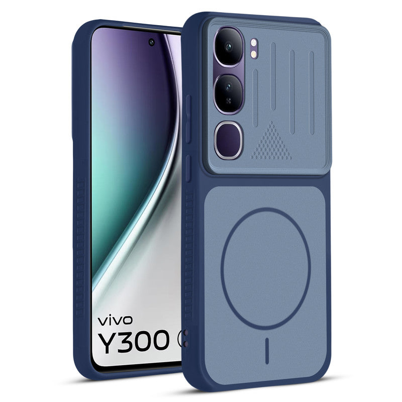 Front and back view of Blue protective back cover for Vivo Y300 5G with textured sides, camera guard and slim fit design.