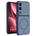Front and back view of Blue protective back cover for Vivo Y31 Pro 5G with textured sides, camera guard and slim fit design.