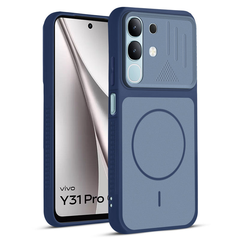 Front and back view of Blue protective back cover for Vivo Y31 5G with textured sides, camera guard and slim fit design.