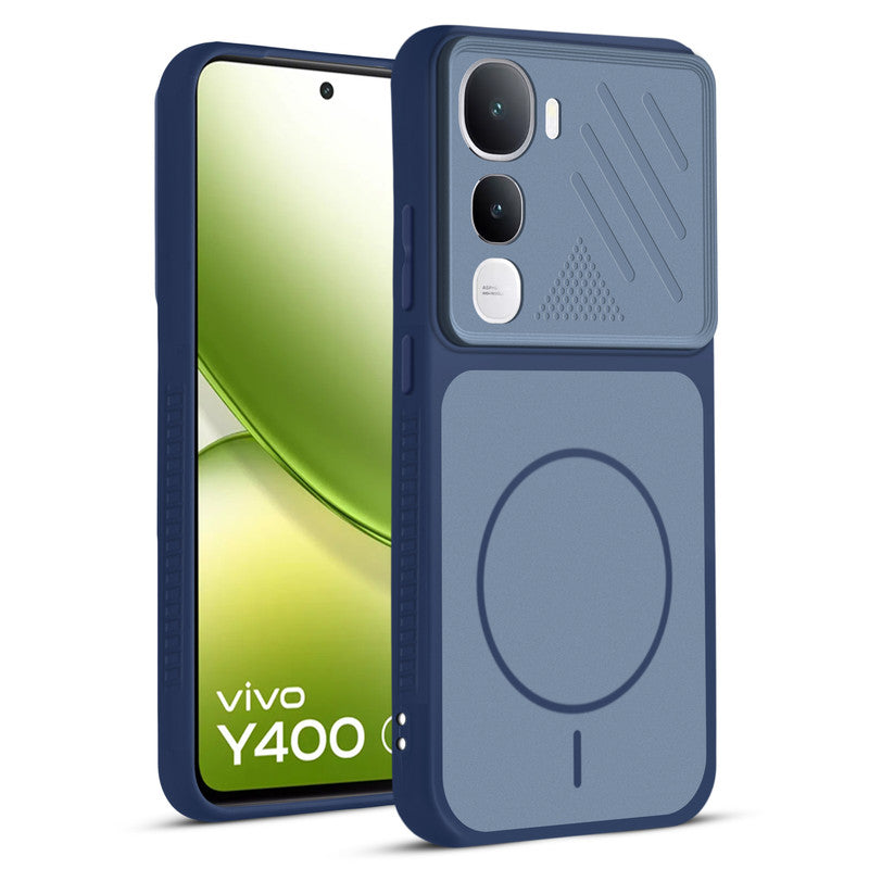 Front and back view of Blue protective back cover for Vivo Y400 5G with textured sides, camera guard and slim fit design.