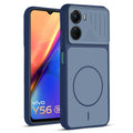 Front and back view of Blue protective back cover for Vivo Y56 5G with textured sides, camera guard and slim fit design.